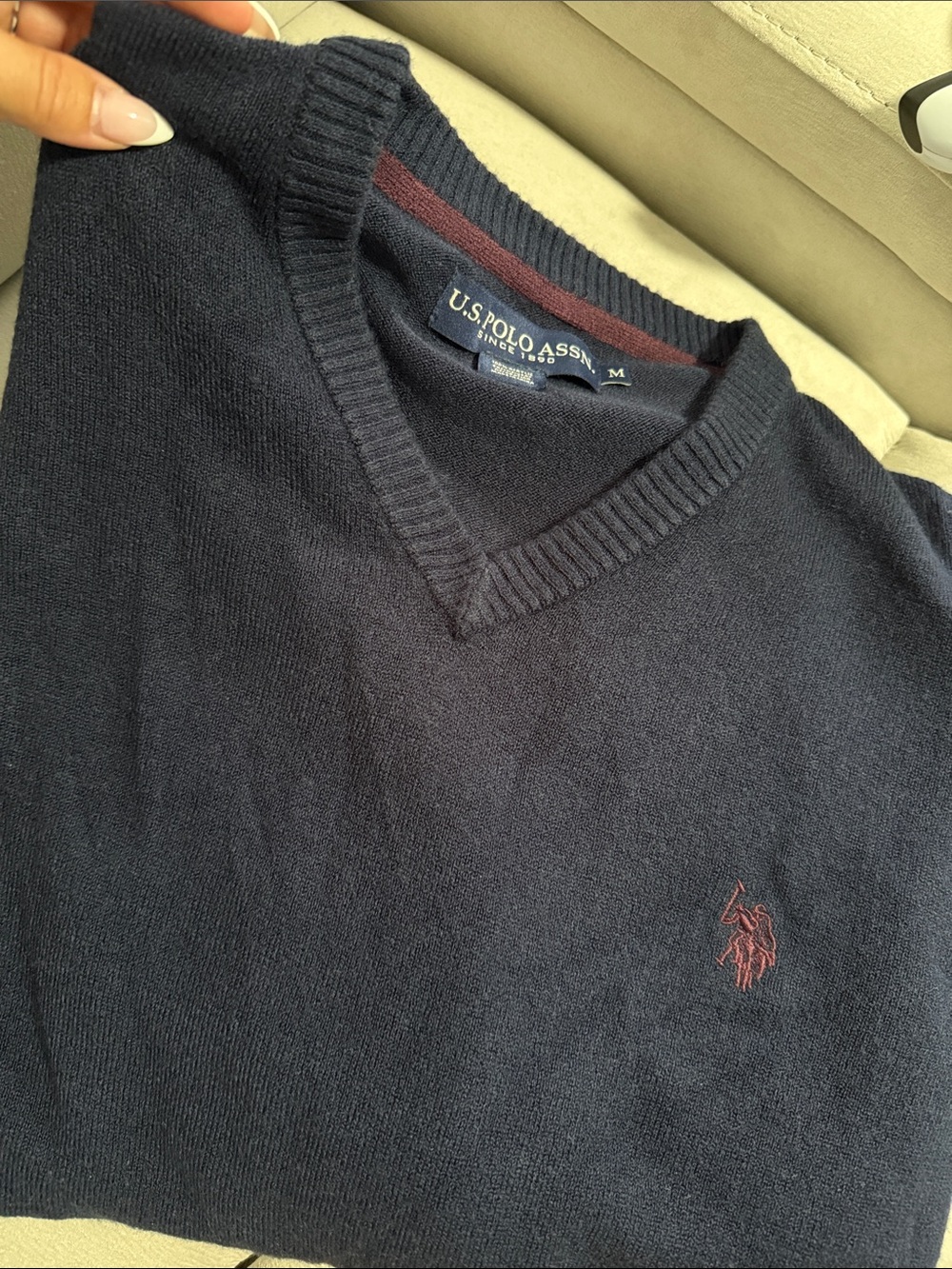 U.S. Polo Assn. Navy V-Neck Sweater with Maroon Logo